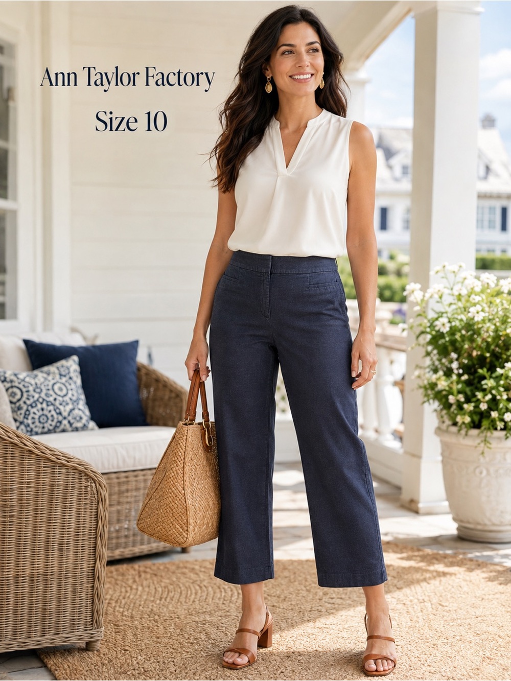 Ann Taylor Factory Size 10 Navy Chambray High Rise Cropped Pants